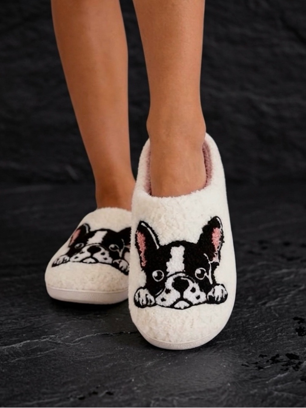 Cozy White Fleece Frenchie Dog Face Slippers